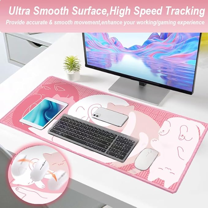 Gaming Mouse Pad XXL Extended Anime Mouse Pad 31.5x15.7 inch, Large Cute Kawaii Big Computer Mouse Mat Desk Pad with Non-Slip Rubber Base and Stitched Edge for Home Office-Pink Cat