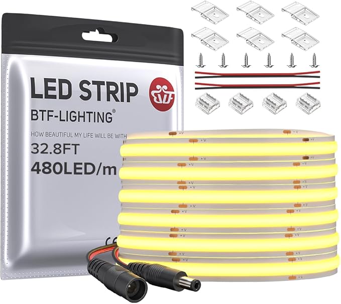 BTF-LIGHTING FCOB COB LED Strip Flexible High Density Uniform Light 9W/m 32.8FT DC24V Warm White 2700K 480LED/m CRI 90+ 8mm Width for Home Indoor Decor(No Adapter or Controller)