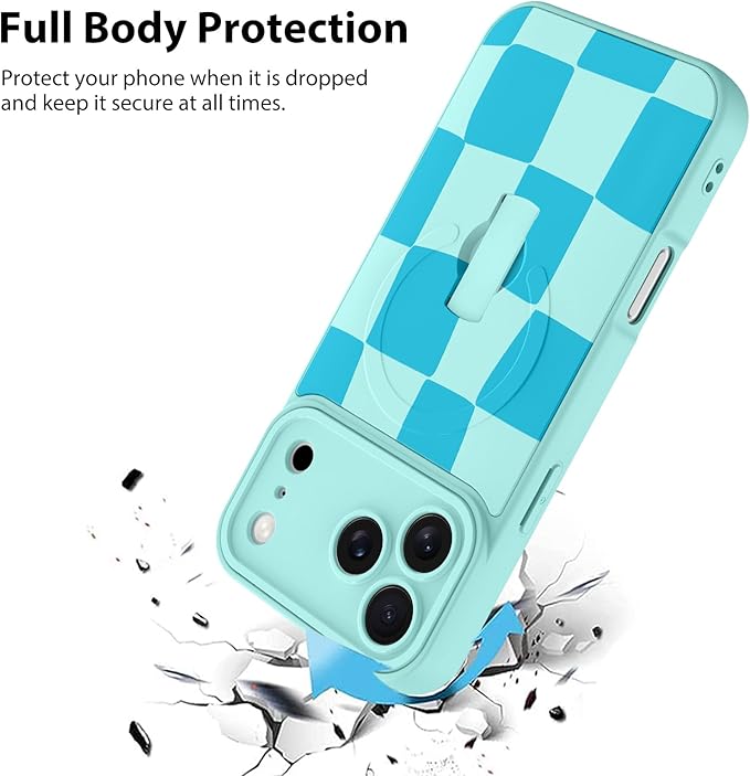 KANGHAR Compatible with iPhone 17 Pro Case, Support for MagSafe, Silicone Checkered Cute Pattern, Wristband Kickstand Camera Protection Soft Slim Cover for Girls Women -Blue