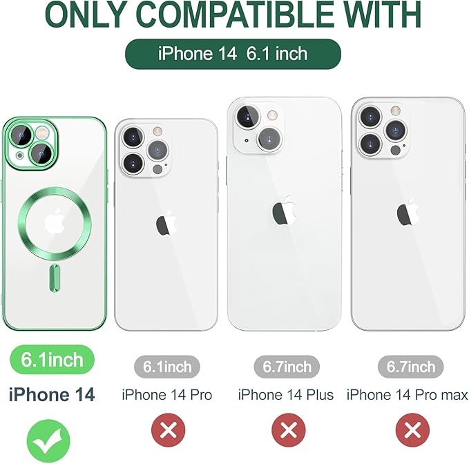 Hython Magnetic Clear for iPhone 14 Case with Camera Lens Protector [Compatible with MagSafe] Luxury Plating Edge Slim Soft TPU Cover Protective Phone Case for iPhone 14 6.1", Light Green