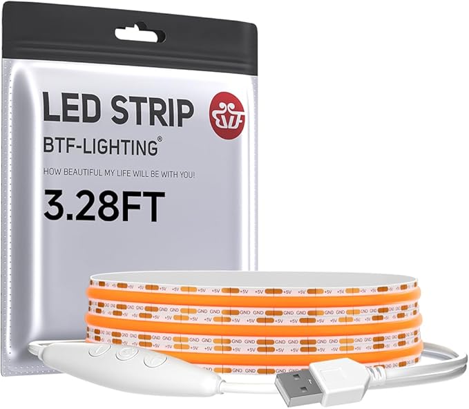 BTF-LIGHTING FCOB COB FOB LED Strip Lights 5V USB Powered 3.28FT 320LEDs Orange Color 8mm Width Dimmable CRI 90+ with 3M Tape Flexible High Density for 3D Printer TV Backlight PC DIY Decor