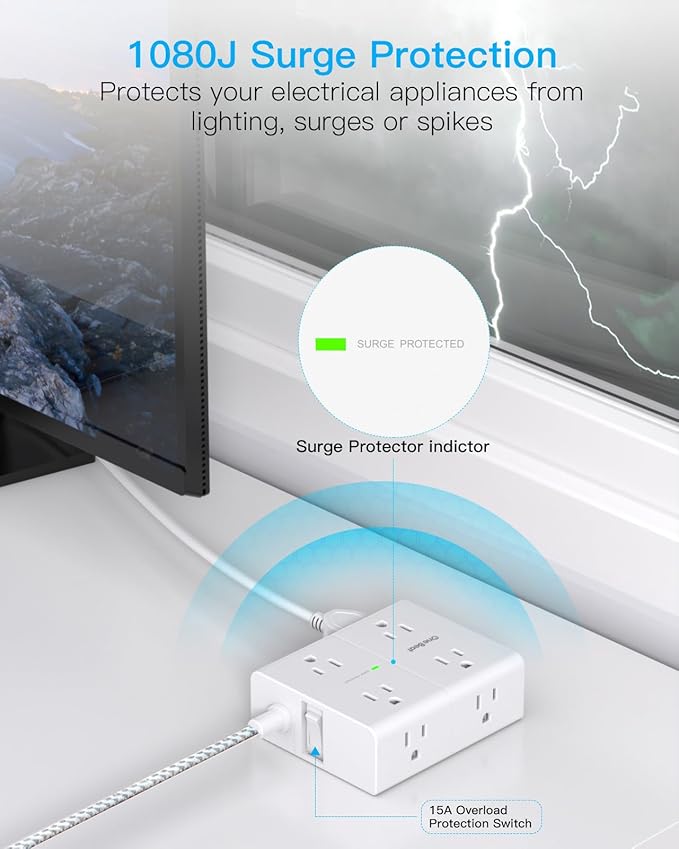 One Beat Surge Protector Power Strip, 6 Ft Ultra Thin Flat Extension Cord with 8 Outlets 4 USB Ports(2 USB C), Flat Plug Power Strip, Braided Power Strip for Home, Office, Dorm Room Essentials
