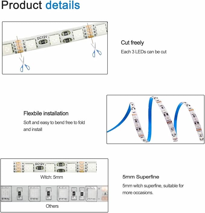 12V RGB LED Strip Lights, 5mm Wide Ultra Narrow 16.4ft Light Strips SMD 3535 IP20 Total 600 LEDs Colour Changing Light Strips for Bedroom, Kitchen, Advertising Decoration