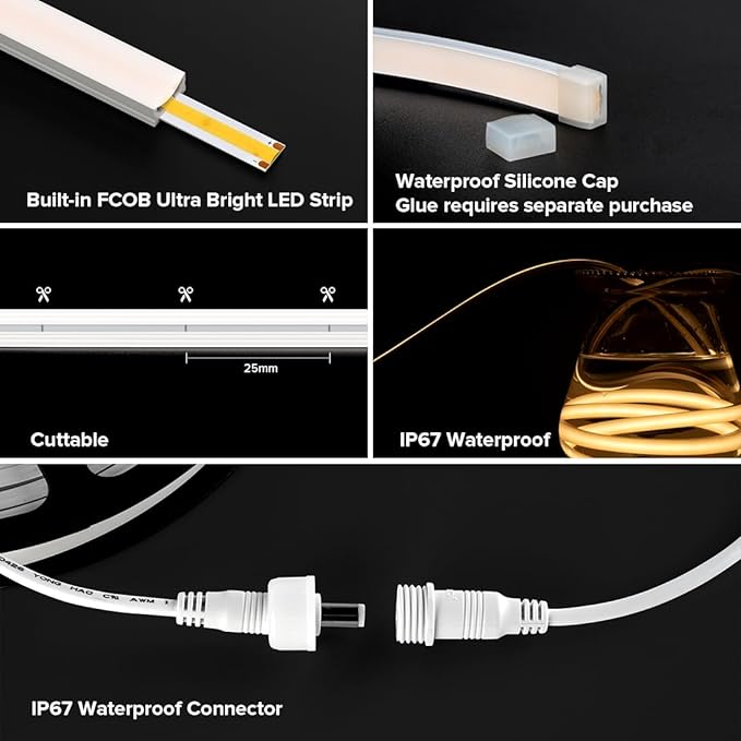 BTF-LIGHTING FCOB COB LED Strip IP67 Waterproof Flexible High Density Uniform Diffused Neon Light 16.4FT DC12V Warm White 3000K 480LED/m CRI 90+ for Indoor Decor(No Adapter or Controller)