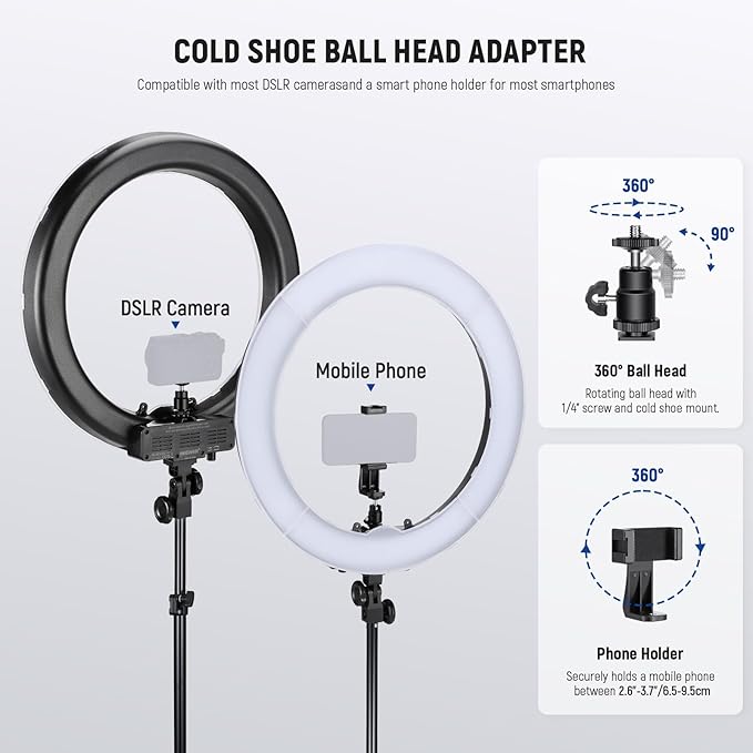 NEEWER 18" Ring Light, 58W 5500lx 5600K Dimmable CRI95 240 LEDs, Lighting with Cold Shoe Bi Color Filters Carry Bag Phone Holder for iPhone Selfie Makeup Studio Photography Video Recording, RL-18