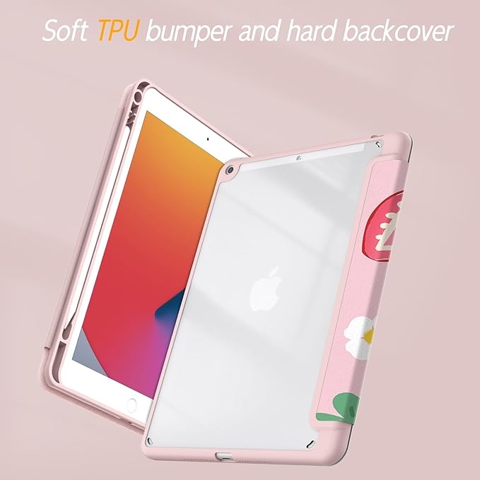 Case for iPad 9th / 8th / 7th Generation (2021/2020/2019) 10.2 inch, Case with Pencil Holder, Stand Clear Back Cover Cute Cool Design for Women Girls, Auto Sleep/Wake, Strawberry