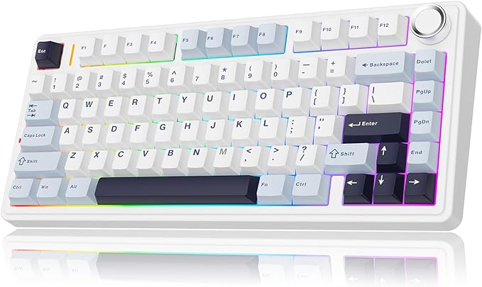 MechLands Aula F75 PRO 75% Wireless Gaming Keyboard, Gasket Mechanical Custom Keyboard with Five-Layer Padding, BT/2.4GHz/USB-C, Hot Swappable, Knob, RGB, Reaper Switches (White Blue)