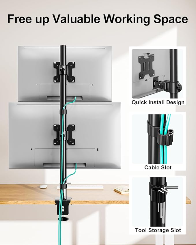 MOUNT PRO Vertical Dual Monitor Stand, Stacked Monitor Mount for 2 Monitors Up to 32 inches, Computer Monitor Arm with Swivel, Tilt, Height Adjustable, Each Monitor Desk Mount Holds up to 17.6 lbs