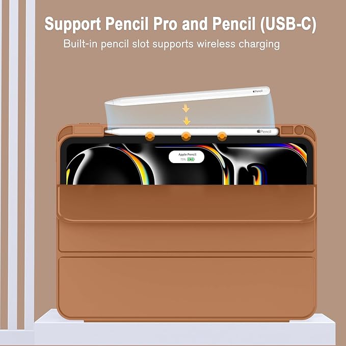 ZryXal iPad Pro 11 Inch Case (M5) 2025/ (M4) 2024 (Model: A2836/A2837/A3006), Trifold Stand Smart Cover with Pencil Holder and Soft TPU Back, Auto Wake/Sleep (New Brown)