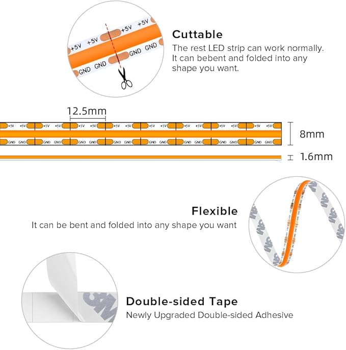 BTF-LIGHTING FCOB COB FOB LED Strip Lights 5V USB Powered 6.56FT 640LEDs Orange Color 8mm Width Dimmable CRI 90+ with 3M Tape Flexible High Density for 3D Printer TV Backlight PC DIY Decor