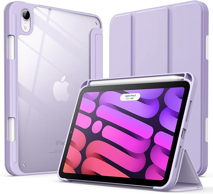 JETech Case for iPad mini (A17 Pro, 2024 Model, 7th Generation) / mini 6 (2021 Model, 6th Generation) with Pencil Holder, Clear Back Shell Slim Stand Tablet Cover, Auto Wake/Sleep (Purple)