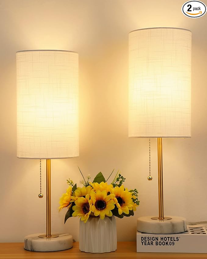 JUNNAI Table Lamps Set of 2, Gold Bedside Lamps, 3 Way Dimmable Nightstand Lamps with Marble Base & Linen Shade &Pull Chain,18.5 Inches Tall Skinny Desk Lamps for Bedroom Living Room(Bulbs Included)