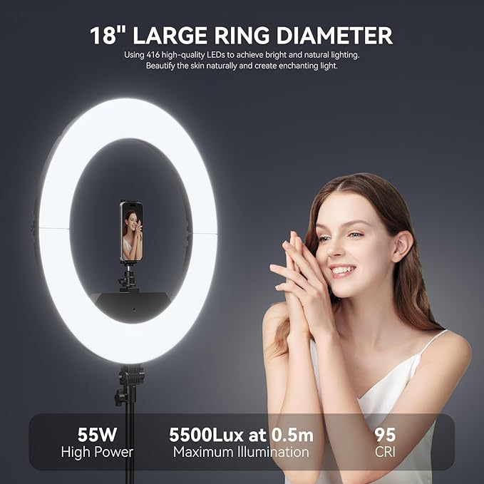 18 Inch Ring Light Kit, 55W6700k Dimmable LED Light, Tripod Stand, Remote Controller,Box,CRI95,Black
