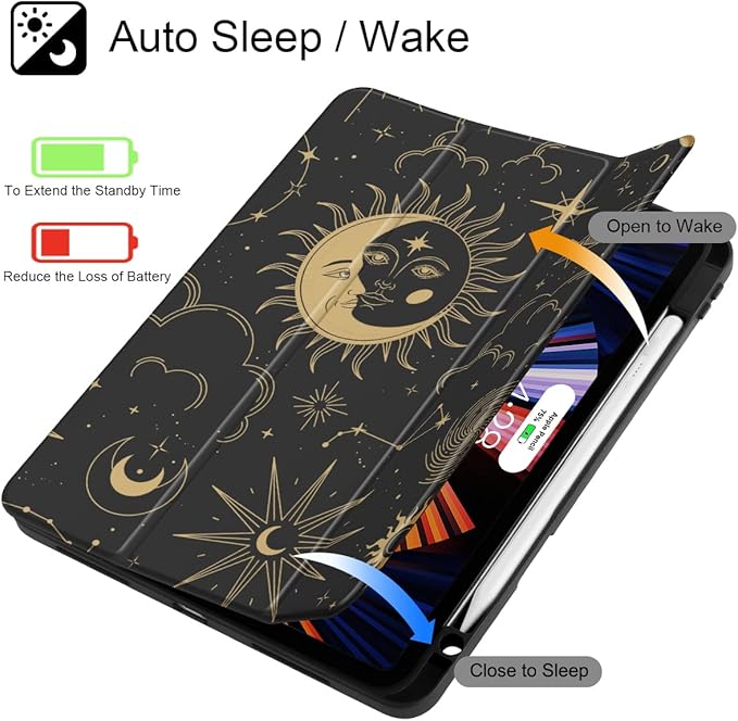 Tuiklol for iPad Pro 11 Inch 4th / 3rd / 2nd / 1st Gen (2022 2021 2020 2018) Case -Built-in Pencil Holder Shockproof Cover Clear Transparent Back Shell with Auto Wake/Sleep, Moon and Star