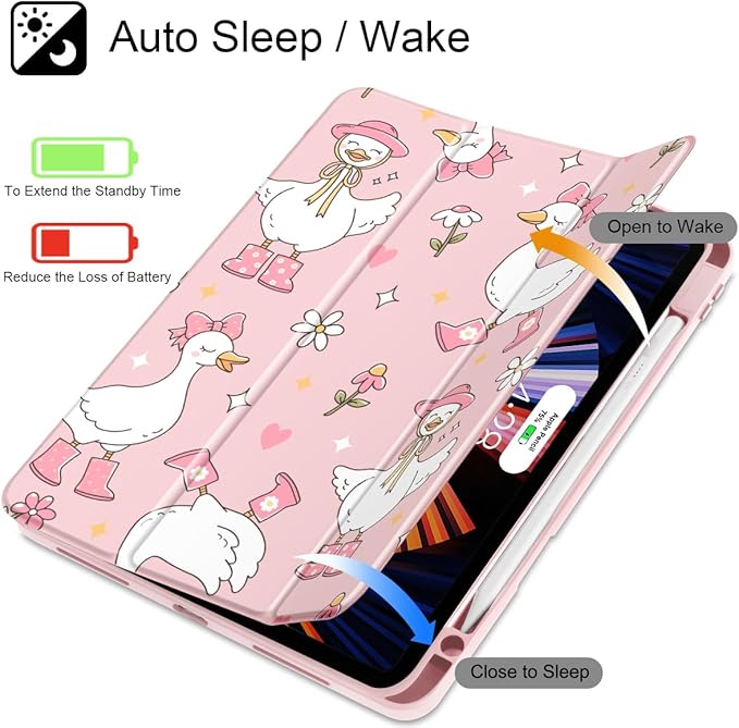 May Chen for iPad Pro 13 Inch Case M5 2025 / M4 2024, Built Pencil Holder & Clear Transparent Print Back Shell Slim Stand Shockproof Tablet Cover, Auto Wake/Sleep, Cute Goose Spring
