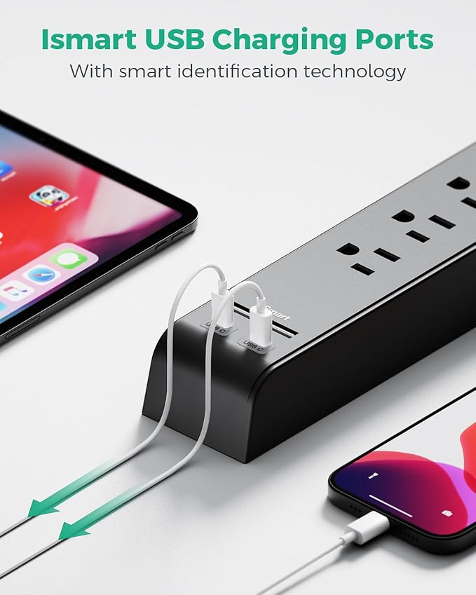 12FT Long Power Strip Surge Protector - with 6 Outlets 4 USB Ports, Heavy-Duty Braided Extension Cord, Flat Plug, 900 Joules, 15A Circuit Breaker, Wall Mount for Home Office (2 Pack)