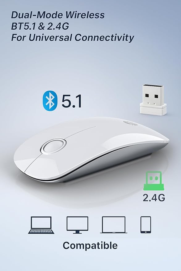 RAPIQUE Bluetooth Wireless Mouse - (BT5.1+USB) Slim Dual Mode Computer Mice with Quiet Click, Low Power, and 1600 DPI, Portable Cordless for MacBook, Laptop, iPad Pro/Air, Chromebook (White)