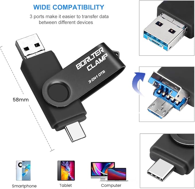64GB 3 in 1 USB 3.0 Flash Drive Photo Stick for Android Phones, BorlterClamp OTG Memory Stick with 3 USB Ports (USB C, microUSB, USB A) for Samsung Galaxy, LG, Tablets, PC and More, Black