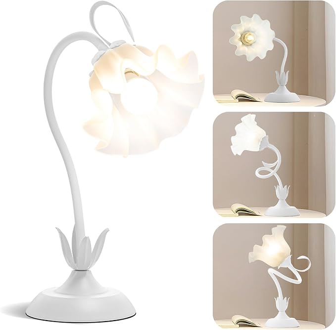 WERFOP Flower Table Lamp, LED Reading Light Vintage Bedside Table Lamp with 3 Color Modes for Nightstand, Kawaii Decoration for Home Bedroom Living Room (White)