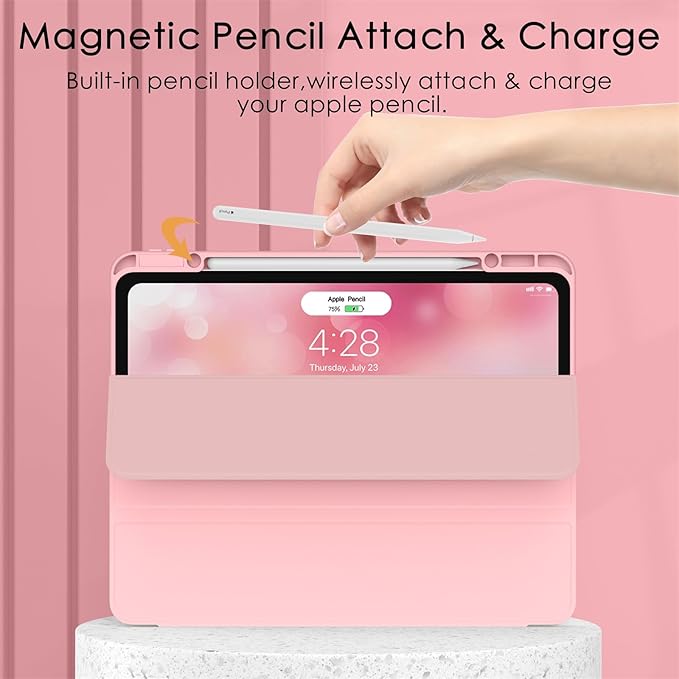 Soke Case for iPad Pro 12.9 Inch (6th/5th/4th/3rd Generation, 2022/2021/2020/2018) - Pencil Holder + Auto Sleep/Wake + Camera Protection, Transparent Shockproof Back Cover, Pink