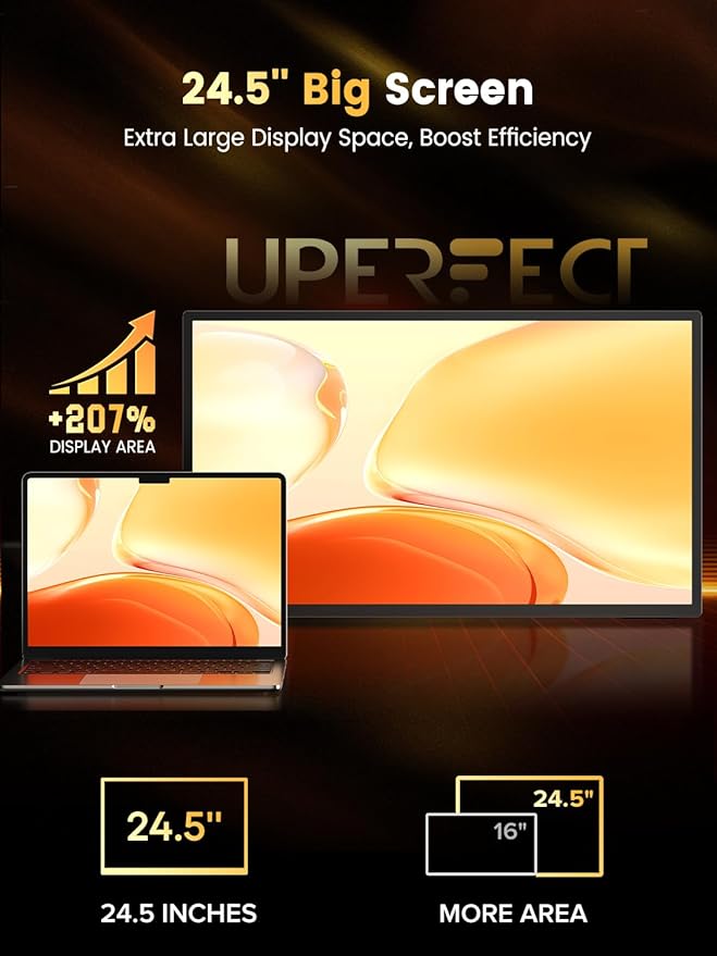 UPERFECT QLED Portable Gaming Monitor 500Hz 24.5'' Monitor, FreeSync 0.1ms, 125%sRGB 2000:1 600Nits, Built-in Stand, Speaker and VESA Mountable DP1.4 USB C HDMI Second Screen for Laptop, Game Console