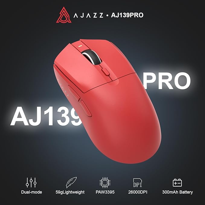 AJ139PRO Dual-Mode 2.4G/Wired Gaming Mouse, 59g Lightweight Design, PAW3395 Sensor, 26K DPI, 300mAh Battery with 40-Hour Battery Life for Windows, Mac Gamer.