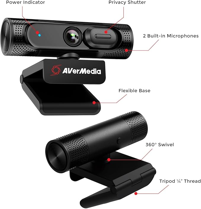 AVerMedia PW315 TAA/NDAA Compliant 1080p 60fps Webcam – Wide-Angle USB Camera with Dual Mics & AI Auto Framing, Fixed Focus HD Webcam for PC/Mac, Zoom, Teams, Google Meet, Streaming, Content Creation