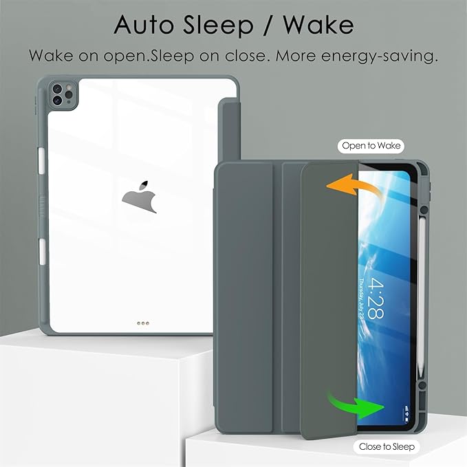 Soke Case for iPad Pro 12.9 Inch (6th/5th/4th/3rd Generation, 2022/2021/2020/2018) - Pencil Holder + Auto Sleep/Wake + Camera Protection, Transparent Shockproof Back Cover, Gray