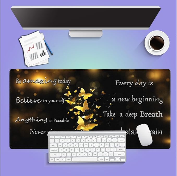 Large Gaming Mouse Pad (31.5" x 15.8")- Inspirational Quotes for a New Beginning Gold Butterflies, Extra XXL Office Accessories, Premium Stitched Anti-Slip Office Desk Mat