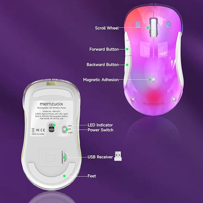 memzuoix 2.4G Wireless Mouse with Customizable Cover & 9-Color LED - Rechargeable Ergonomic, 1400 DPI, 5 Buttons, USB Receiver for PC/Mac - Purple