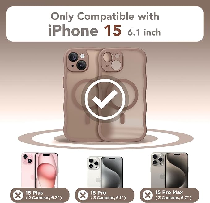 CAPRARO Cute for iPhone 15 Case, Compatible with MagSafe, [Curly Wave Edge] [Full Camera Protection] [14 FT Drop Protection] Magnetic Phone Case for 15 6.1 Inch, Brown