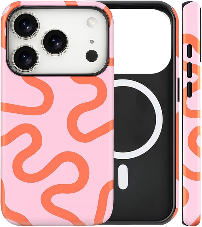 Magnetic for iPhone 17 Pro Case Cute Curved Stripes Phone Case, Shockproof Slim TPU and Hard PC Protective Phone Cover Compatible with MagSafe Designed for Women Girls,Pink