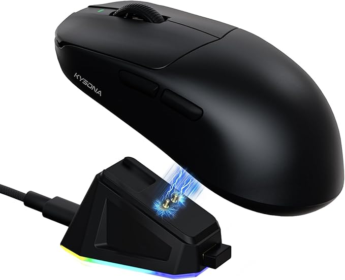 KYSONA Wireless Gaming Mouse with Charging Dock，Lightweight 42g, 24000 DPI, Wired/Bluetooth/2.4G Optical Mice, Long Battery Life, Compatible with PC/Mac - Black