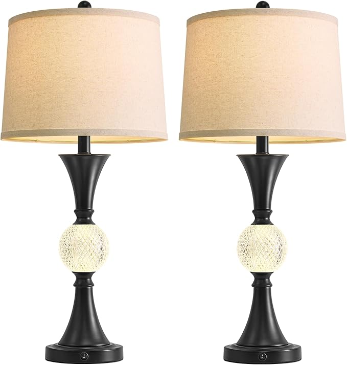 Oneach 28.5" Black Table Lamps Set of 2, Tall Luxury Bedside Lamps with Night Light, USB A+C Charging Ports, Elegant Metal Nightstand Lamps for Bedroom Office End Table Decoration