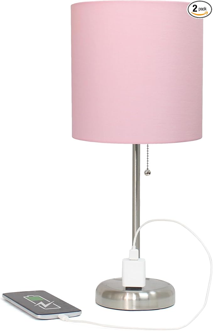 Simple Designs LT2024-LPK-2PK Two Pack Brushed Steel Stick Table Desk Lamp Set with Charging Outlet and Drum Fabric Shade for Living Room, Hallway, Nightstand, Office, Light Pink Shade