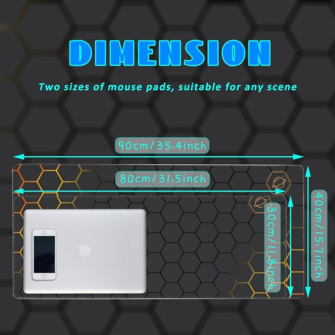 Desk Mat, Black Gold Honeycomb Technology Extended Gaming Mouse Pad Large, 35.4"x15.7" Big Mouse Pad with Non-Slip Base and Stitched Edge, Long Computer Keyboard Mouse Mat for Home Office Work