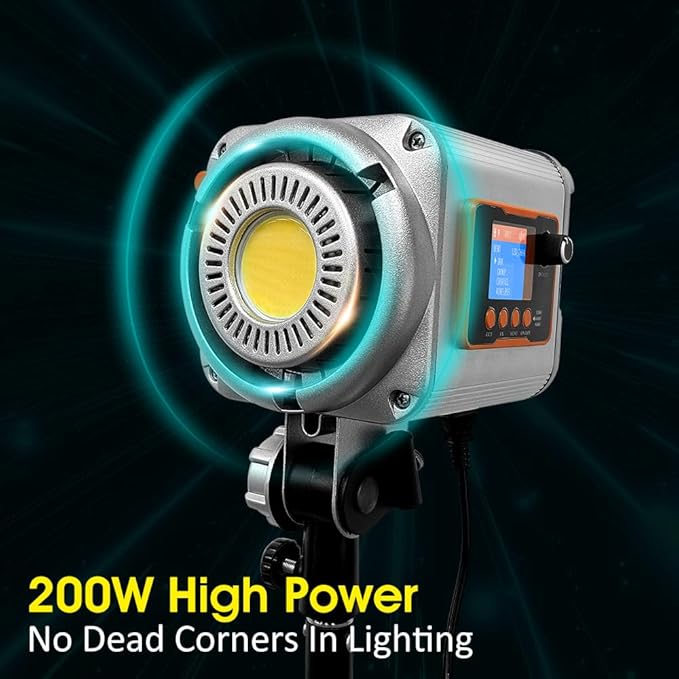 LED Spotlight Super Bright 200w2700 K6500K DMX/Custom Effects/Light Group Bowen Mount COB Light for Photography/Videography/YouTube/TikTok Content Creation Live Streaming (Gray)