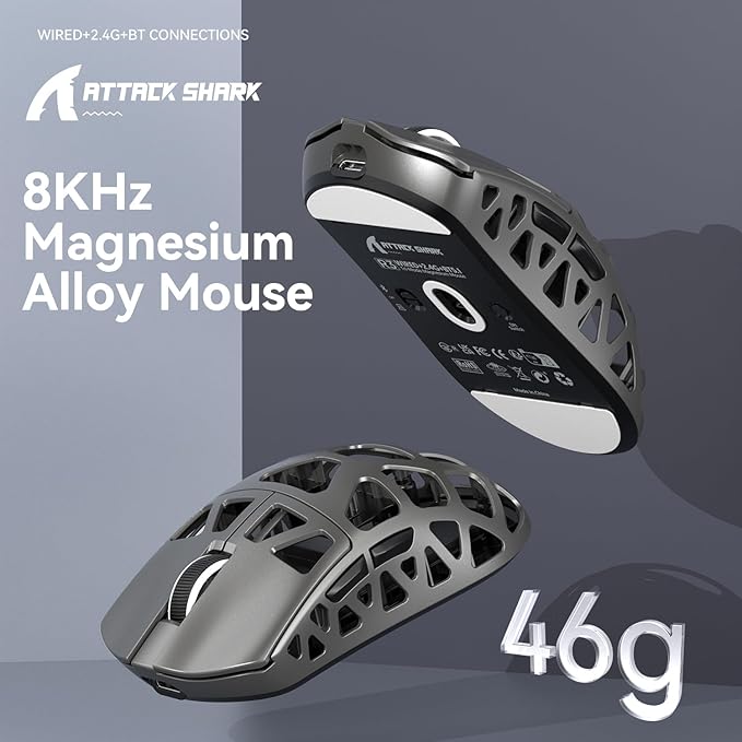 ATTACK SHARK R3 46g Superlight Wireless Gaming Mouse, Magnesium Alloy BT/2.4Ghz/Wired Computer Mouse, PAW3395 26K DPI Sensor, 8000Hz Wireless Polling Rate Programmable Mice for PC/Laptop/Mac (Grey)