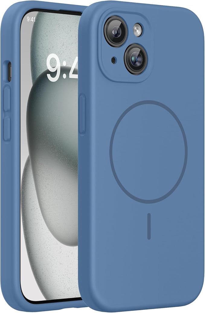 Miracase Magnetic for iPhone 15 Plus Case, [Soft Anti-Scratch Microfiber Lining], Magnetic for MagSafe, Liquid Silicone Shockproof Drop Protection Phone Case for 15 Plus, Glass Blue
