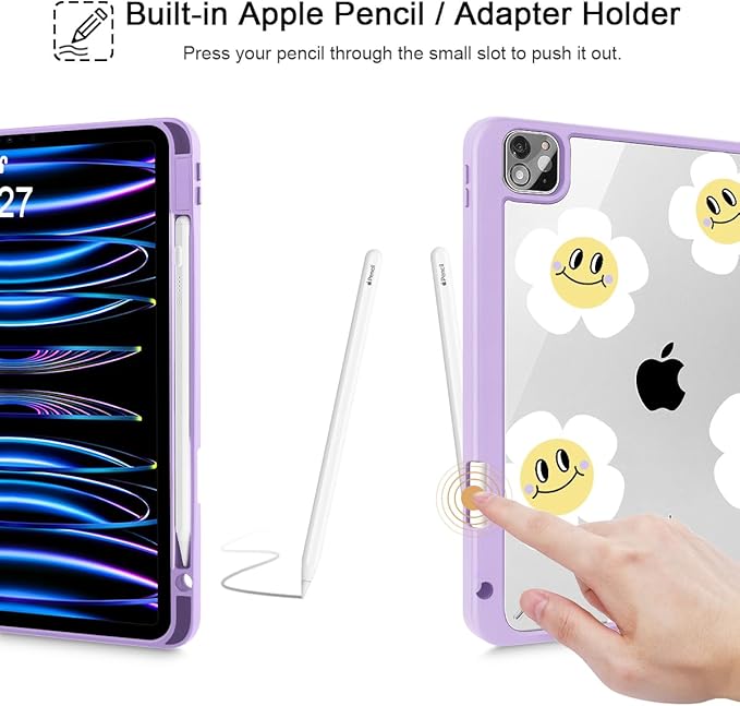 Tuiklol for iPad Pro 12.9 Inch 6th/5th/4th/3rd Generation 2022 2021 2020 2018 Case,Built-in Pencil Holder Clear Transparent Protective Back Shell Cover with Auto Sleep/Wake, Checkered Smile Flowers