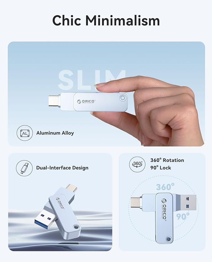 ORICO USB-Cand USB-A Flash Drive 150MB/S Metal Housing Swivel Design Support OTG Function 2 in 1 PenDrive 128GB for USB C and USB A Devices -EB05 BL