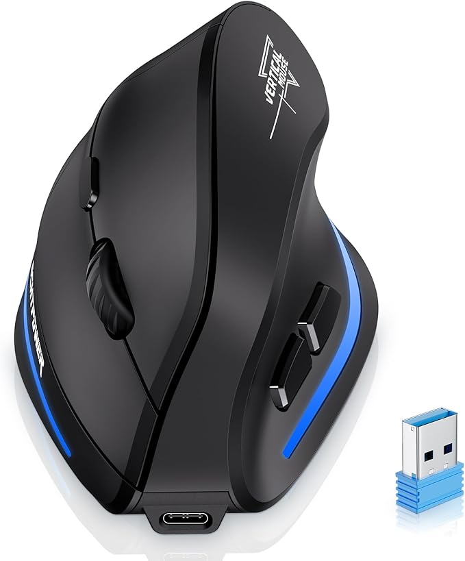 ECHTPower Wireless Bluetooth Mouse, Ergonomic Mouse with LED Light, Tri-Mode BT5.0+BT5.0+2.4GHz, Vertical Mouse Adjustable DPI 2400/1600/1000, Rechargeable Mice for PC, Laptop, Mac, Window