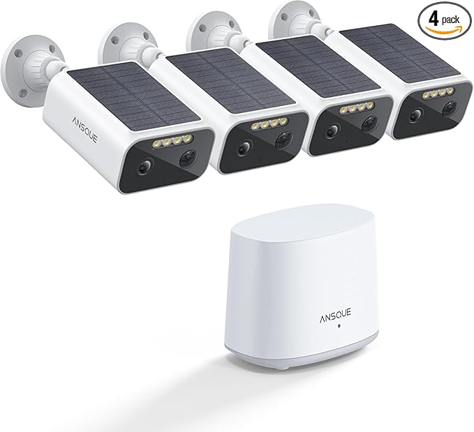 ANSQUE Solar Security Cameras Wireless Outdoor, 4-Cam-Kit, 2K Home Security Camera System, 365-Day Battery Life, No Subscription Fee, Easy to Install, Color Night Vision, Local Storage