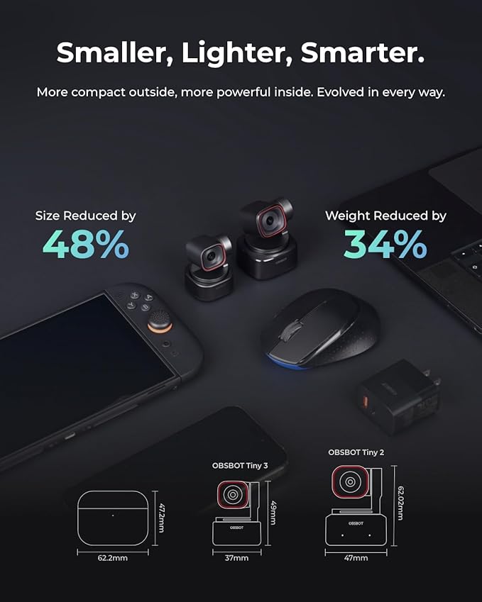 OBSBOT Tiny 3 AI-Powered Spatial Audio 4K PTZ Webcam, Tri-Mic AI Tracking 2.0 Voice Control Gesture Control 1/1.28" Sensor 4K Streaming Camera for Zoom Meeting Content Creation, W Smart Remote 2