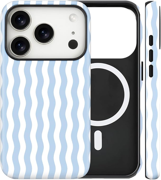 Magnetic for iPhone 17 Pro Case Cute Wavy Stripes Phone Case, Shockproof Slim TPU and Hard PC Protective Phone Cover Compatible with MagSafe Designed for Women Girls, Blue