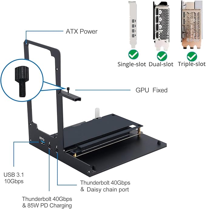External GPU Enclosure Dock (eGPU)：Compatible with Win 10/11 Linux Thunderbolt 3/4 and USB 4 Laptops & Devices - 3 Slot Wide NVIDIA/AMD Graphics Cards PCIe 4.0 Support - 80W PD via USB C