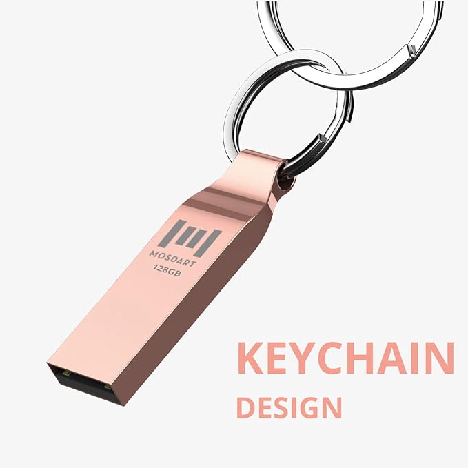 MOSDART Waterproof 128GB USB2.0 Flash Drive, exFAT Metal Memory Stick with Keychain, for System Back, Data Storage, Rose Gold(Pack of 2)