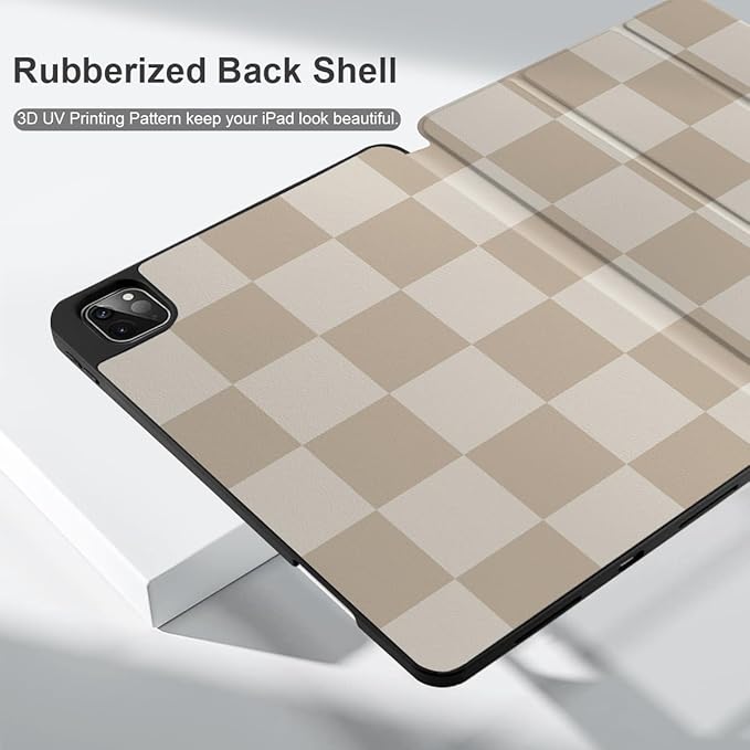 DONGKE Case for 2022/2021/2020/2018 iPad Pro 11 inch Gen 4/3/2/1 - Slim Protective Case - Built in Pencil Holder Support Charging - Trifold Stand & Sleep/Wake Cover- Beige Chessboard