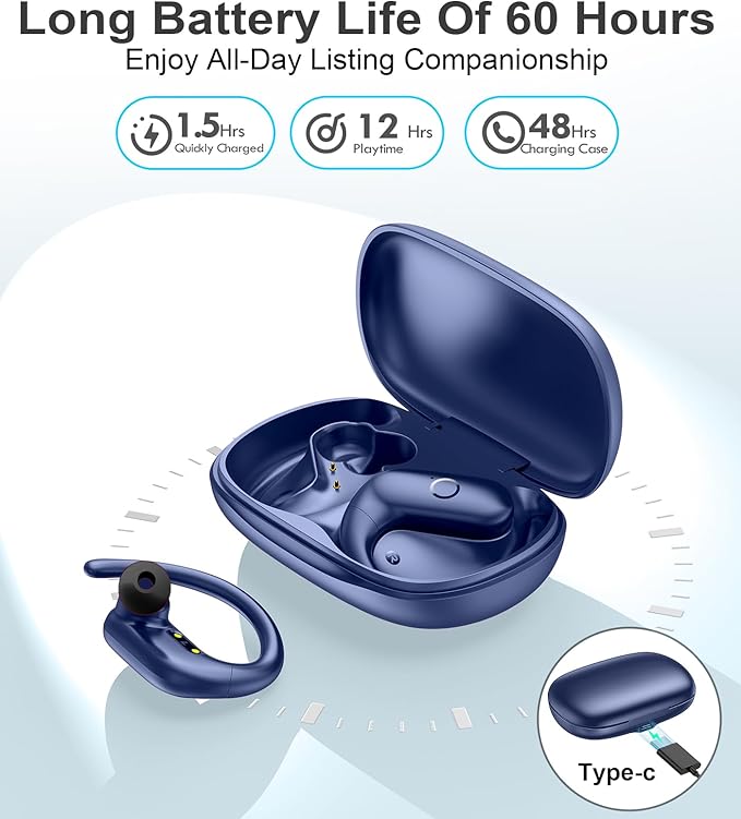 MOZOTER Wireless Earbuds Bluetooth Headphones Sport,Over Ear Buds with Deep Bass Sound,60Hrs Playtime Earphones Redesigned Comfort Fit with Earhooks for Running,Meeting,Workout- Blue