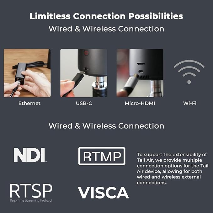 OBSBOT Tail AIR NDI Streaming PTZ Camera,Smart RC Controller,4K AI-Powered Webcam,1.8" CMOS,f/1.8 Aperture,AI Track,Gesture & Remote Control,Wired&Wireless Connection,LiveStream for Church/Music Live